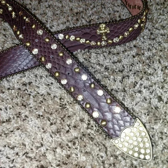 Brown Genuine leather rhinestone, studded and crosses Rodeo bling belt. SIZE M - Picture 6 of 13